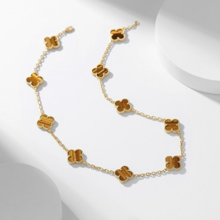 [Joyas Regalia] COLLAR DE OJO DE TIGRE CON 10 MOTIVOS DE TRÉBOLES