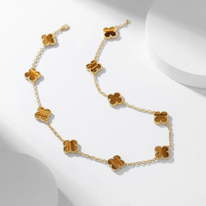 [Joyas Regalia] COLLAR DE OJO DE TIGRE CON 10 MOTIVOS DE TRÉBOLES
