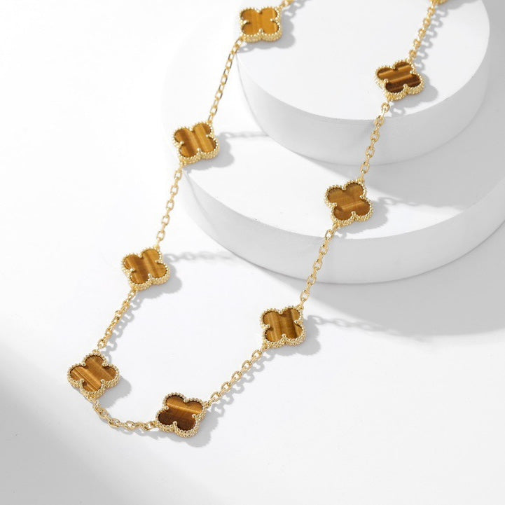 [Joyas Regalia] COLLAR DE OJO DE TIGRE CON 10 MOTIVOS DE TRÉBOLES