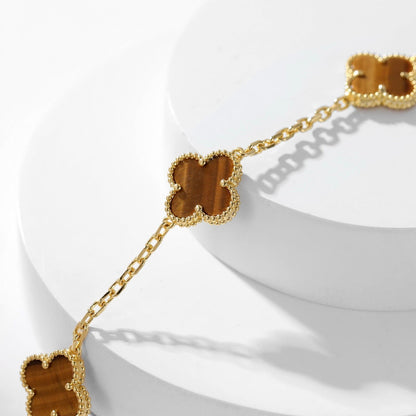 [Joyas Regalia] COLLAR DE OJO DE TIGRE CON 10 MOTIVOS DE TRÉBOLES