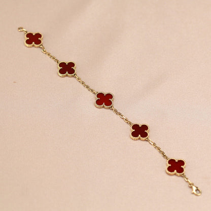 [Joyas Regalia]Pulsera de ágata roja con cinco motivos de trébol 