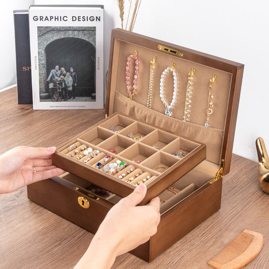 CAJA DE ALMACENAMIENTO PARA JOYERÍA CON CERRADURA RETRO DE MADERA MACIZA