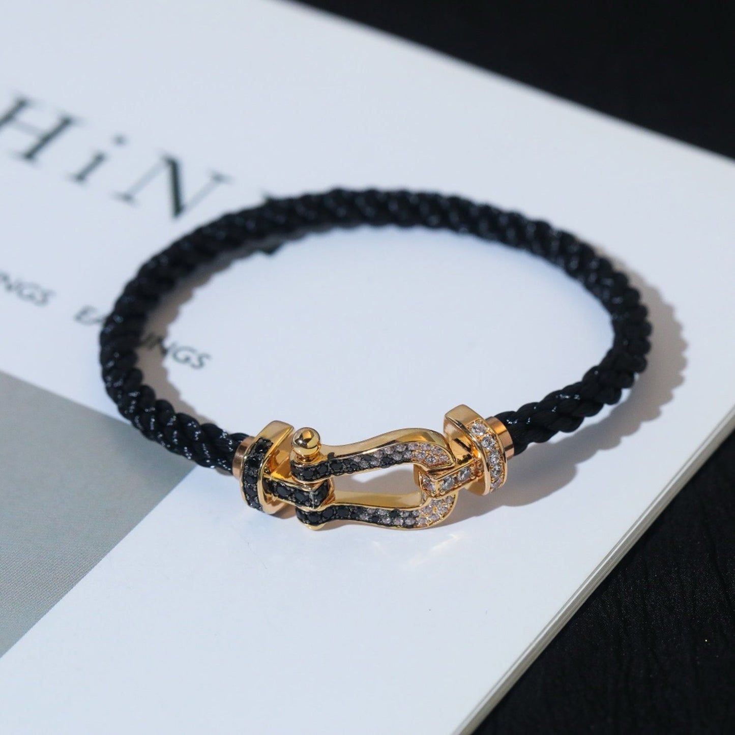 [Bijoux Regalia] BRACELET FORCE LARGE FER À CHEVAL NOIR BLANC DIAMANT OR ROSE
