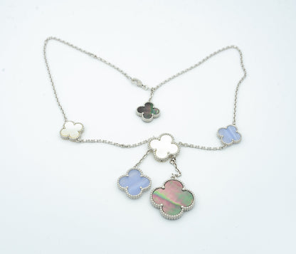 [Bijoux Regalia] COLLIER EN CALCÉDOINE ET NACRE TRÈFLE ARGENT 6 MOTIFS 