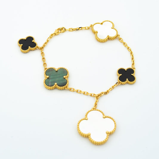 [Bijoux Regalia]BRACELET TRÈFLE 5 MOTIFS NACRE ONYX