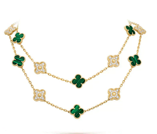 [Joyas Regalia] COLLAR DE DIAMANTES Y MALAQUITA CON 20 MOTIVOS DE TRÉBOL