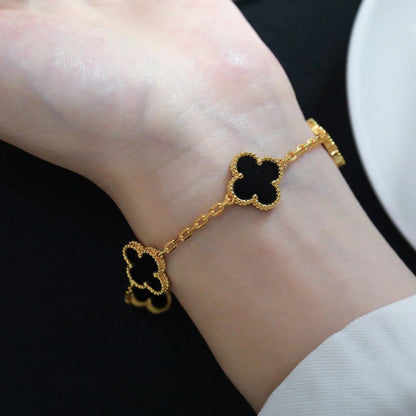 [Bijoux Regalia]BRACELET TRÈFLE 5 MOTIFS EN ONYX NOIR 