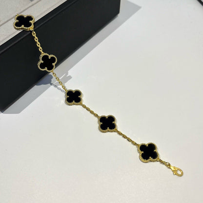 [Bijoux Regalia]BRACELET TRÈFLE 5 MOTIFS EN ONYX NOIR 