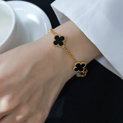 [Bijoux Regalia]BRACELET TRÈFLE 5 MOTIFS EN ONYX NOIR 