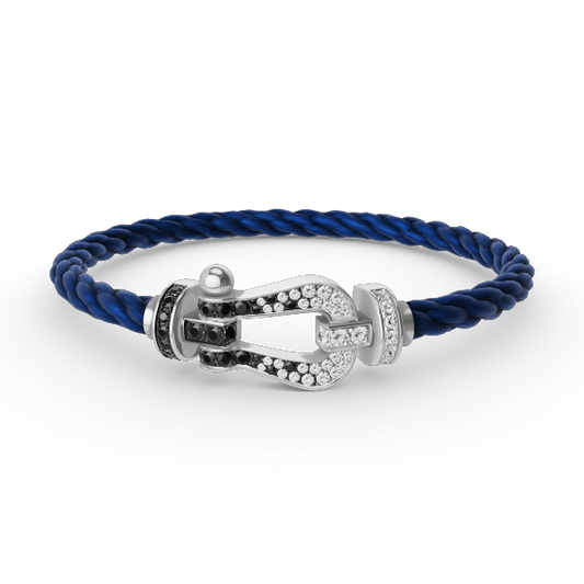 [Bijoux Regalia] BRACELET FORCE LARGE FER À CHEVAL NOIR ET BLANC DIAMANT ARGENT
