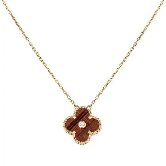 [Joyas Regalia]Collar de TRÉBOL de 15 mm con diamantes y ágata de ojo de tigre amarilla