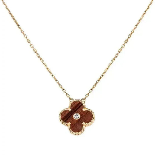 [Joyas Regalia]Collar de TRÉBOL de 15 mm con diamantes y ágata de ojo de tigre amarilla