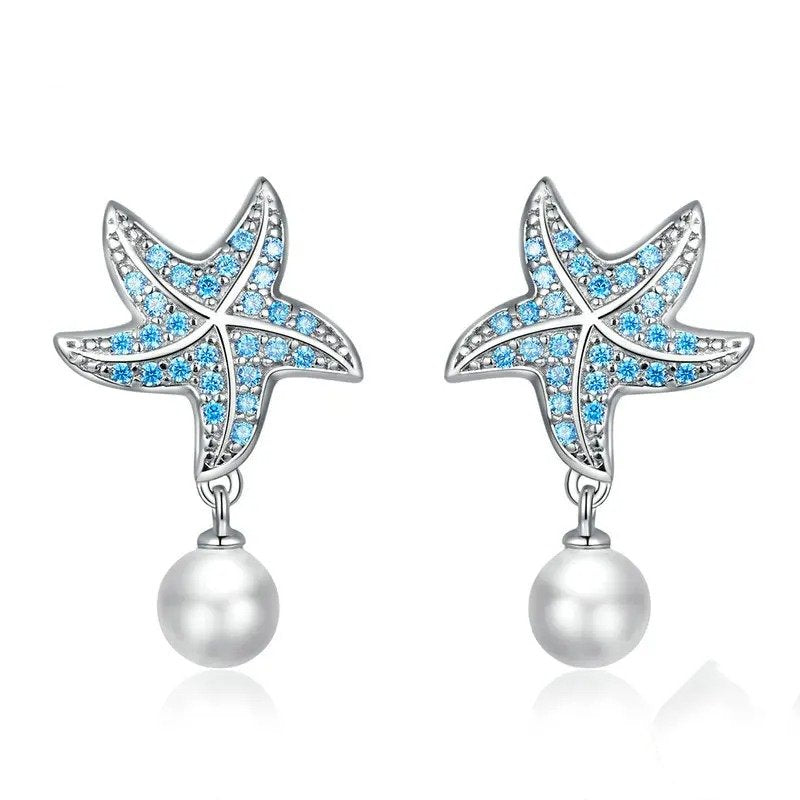 Pendientes de estrella de mar con circonita azul océano y pendientes colgantes de concha y perla