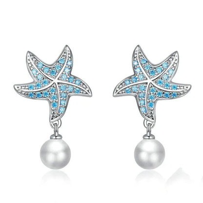 Pendientes de estrella de mar con circonita azul océano y pendientes colgantes de concha y perla