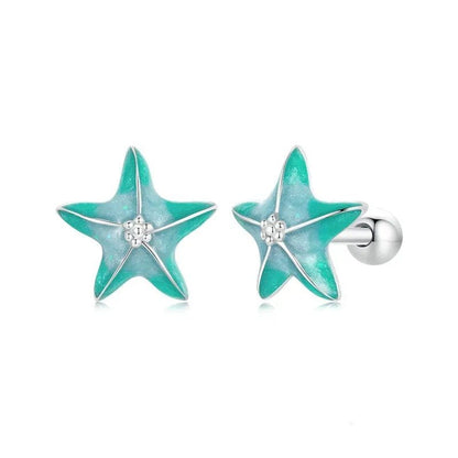 Pendientes sencillos de estrella de mar azul bañados en platino
