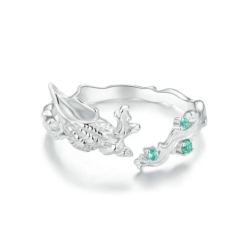 Anillo abierto de caracola con incrustaciones de circonita verde, serie océano, anillos ajustables