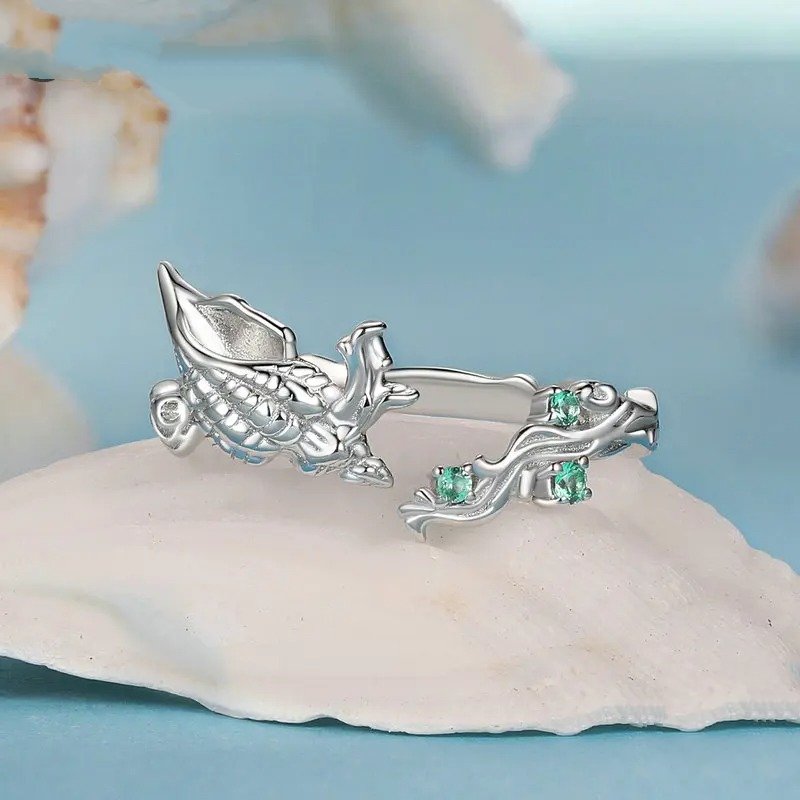 Anillo abierto de caracola con incrustaciones de circonita verde, serie océano, anillos ajustables