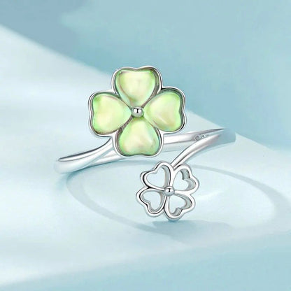 Bague trèfle à quatre feuilles porte-bonheur plaquée or blanc