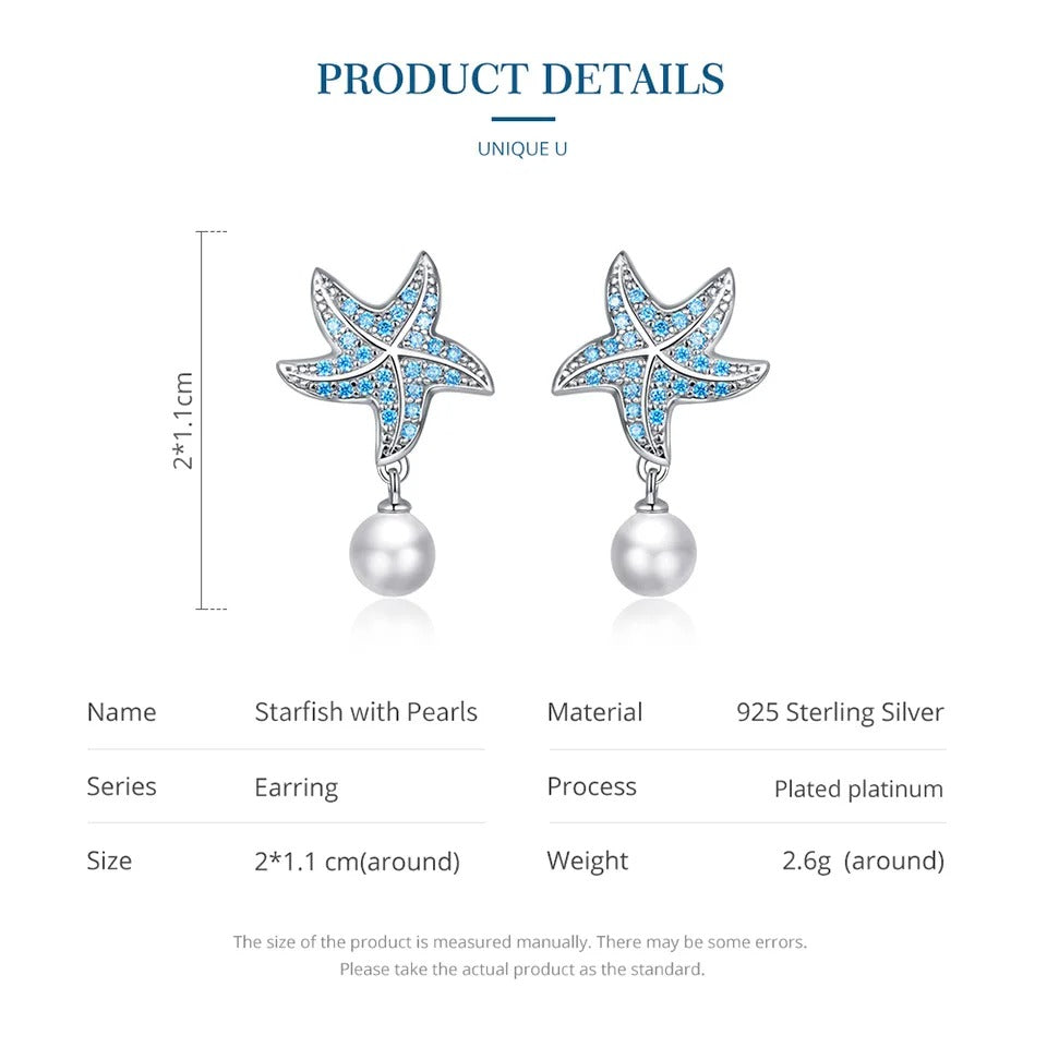 Pendientes de estrella de mar con circonita azul océano y pendientes colgantes de concha y perla