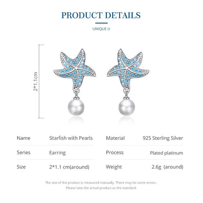 Pendientes de estrella de mar con circonita azul océano y pendientes colgantes de concha y perla