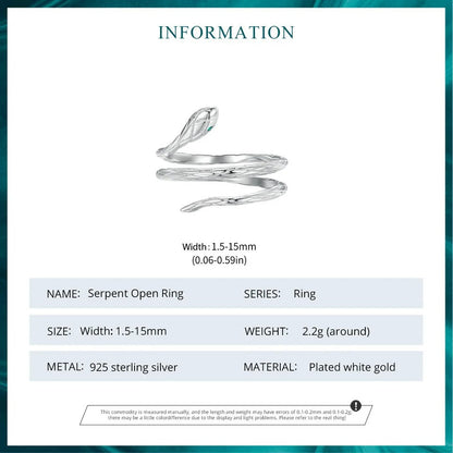 Anillo ajustable de serpiente de plata de ley