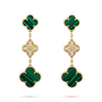 [Joyas Regalia] PENDIENTES DE TRÉBOL ORO MALAQUITA DIAMANTE 3 MOTIVOS