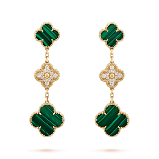[Joyas Regalia] PENDIENTES DE TRÉBOL ORO MALAQUITA DIAMANTE 3 MOTIVOS