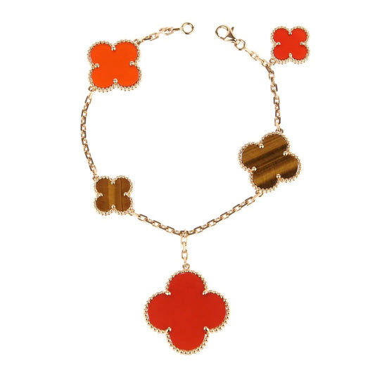 [Joyas Regalia]PULSERA TRÉBOL 5 MOTIVOS CORNALINA OJO DE TIGRE